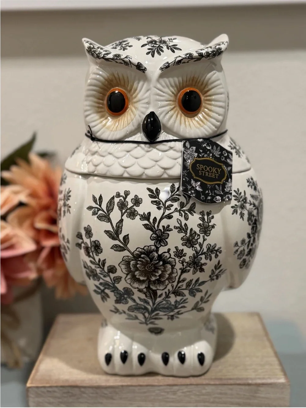 Spooky Street Owl Cookie Jar White Black Floral Toile Ceramic 78oz Halloween New
